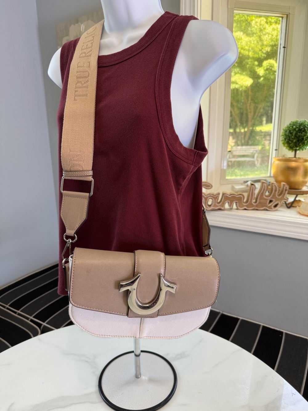 True Religion Pink and Tan Saddle Crossbody with Logo Strap